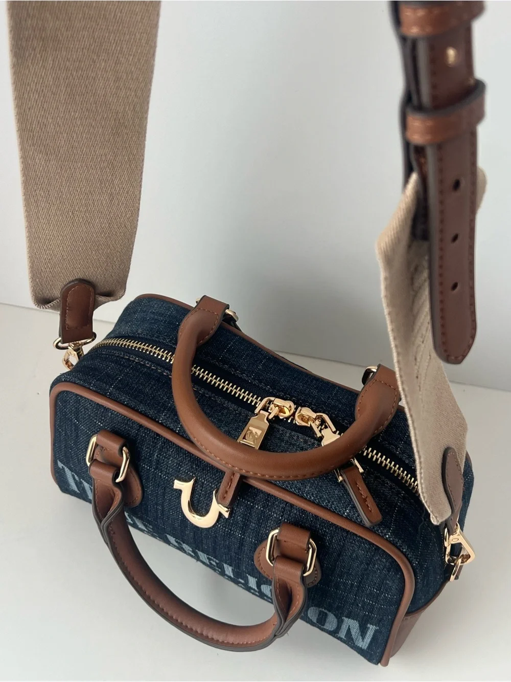 True Religion Denim Satchel in Dark Blue with Brown Trim & Gold Hardware